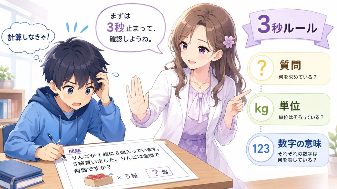 健太が数字を見てすぐ計算しようとし、もこあい先生が文章問題ではまず質問と単位を見るよう教える挿絵