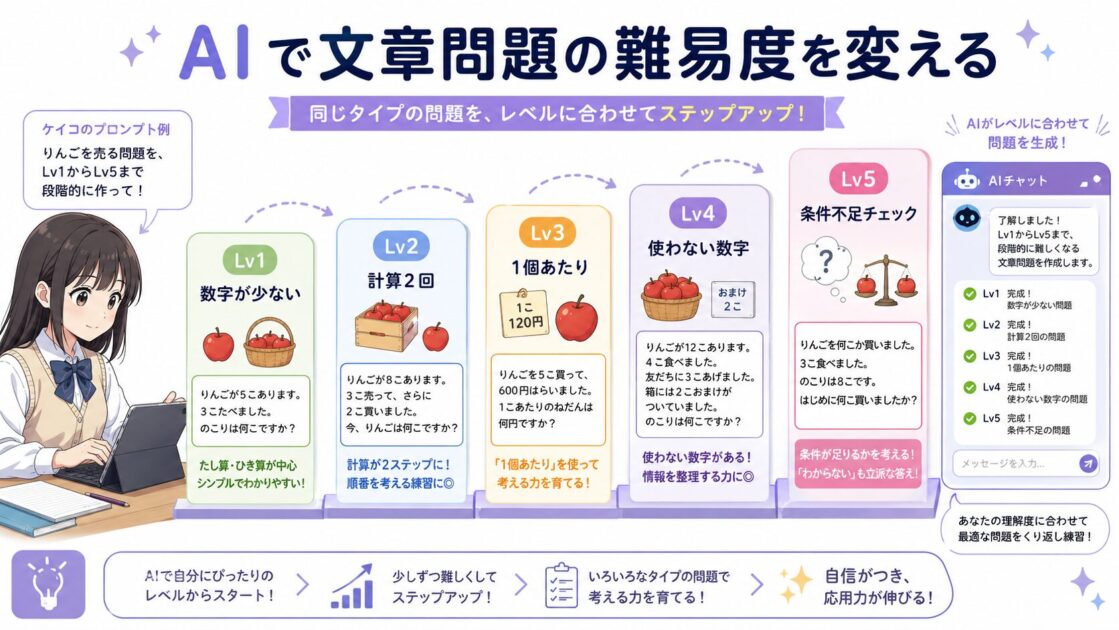 AIを使って文章問題の難易度をレベル1からレベル5まで少しずつ調整し、同じ型を練習する方法を示す図解