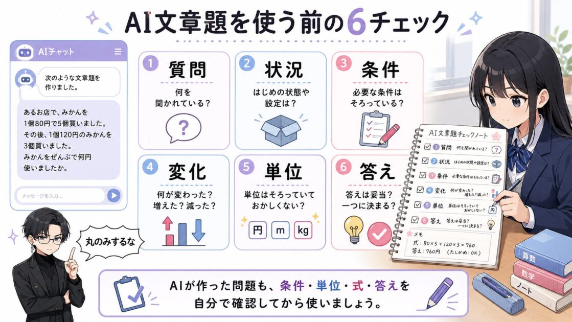 AIが作った文章問題を使う前に質問・条件・単位・答えを人間側で確認する6つのチェックをまとめた図解