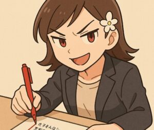 悪もこあい先生が文章題プリントに赤ペンで縦線を引きながらブロックに切り分ける様子を描いたイラストで、数学の文章問題を「状況・変化・質問」に分けて読むイメージを視覚的に示す。