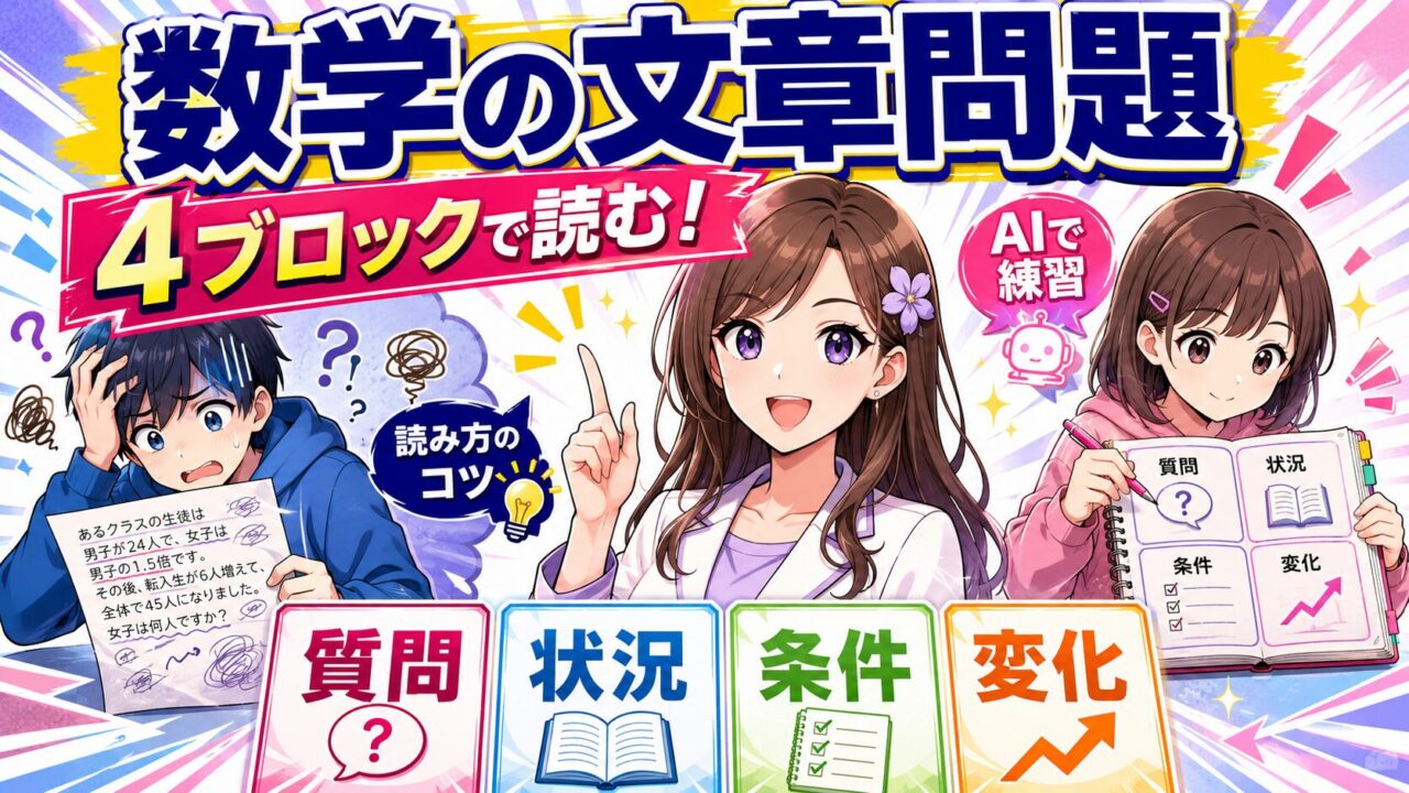 数学の文章問題を質問・状況・条件・変化の4ブロックで読む方法とAI練習を伝えるアイキャッチ
