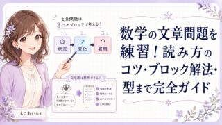 もこあい先生が数学の文章問題を状況・変化・質問の3ブロックで整理して教えるアイキャッチ