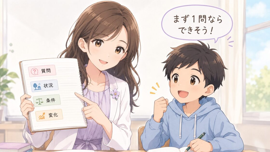 もこあい先生が文章問題はまず1問だけ4ブロックに分けるところからで大丈夫とやさしく背中を押す挿絵