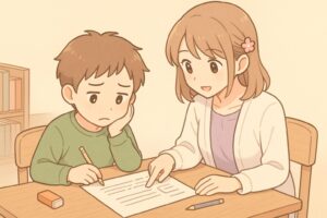 数学の文章題プリントに悩む男の子の隣で、花のヘアピンをつけたもこあい先生が優しく指さしながら読み方を教えているシーンで、文章問題のつまずきに共感しやすくする導入イラスト。 