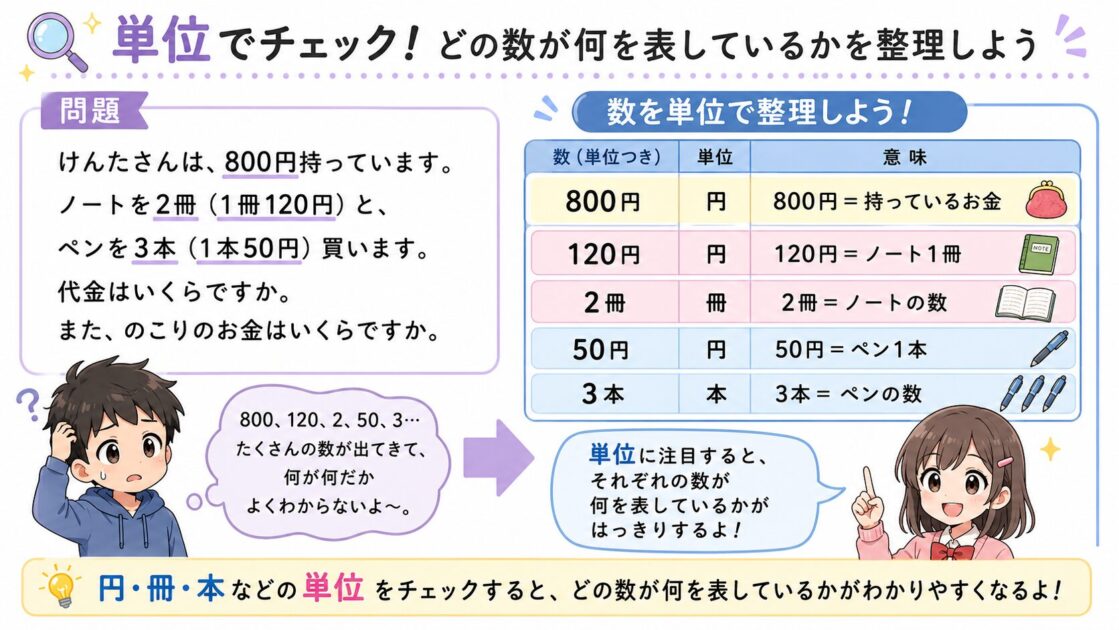 文章問題に出てくる数字を円・冊・本などの単位ごとに整理し、どの数字を使うか確認する図解