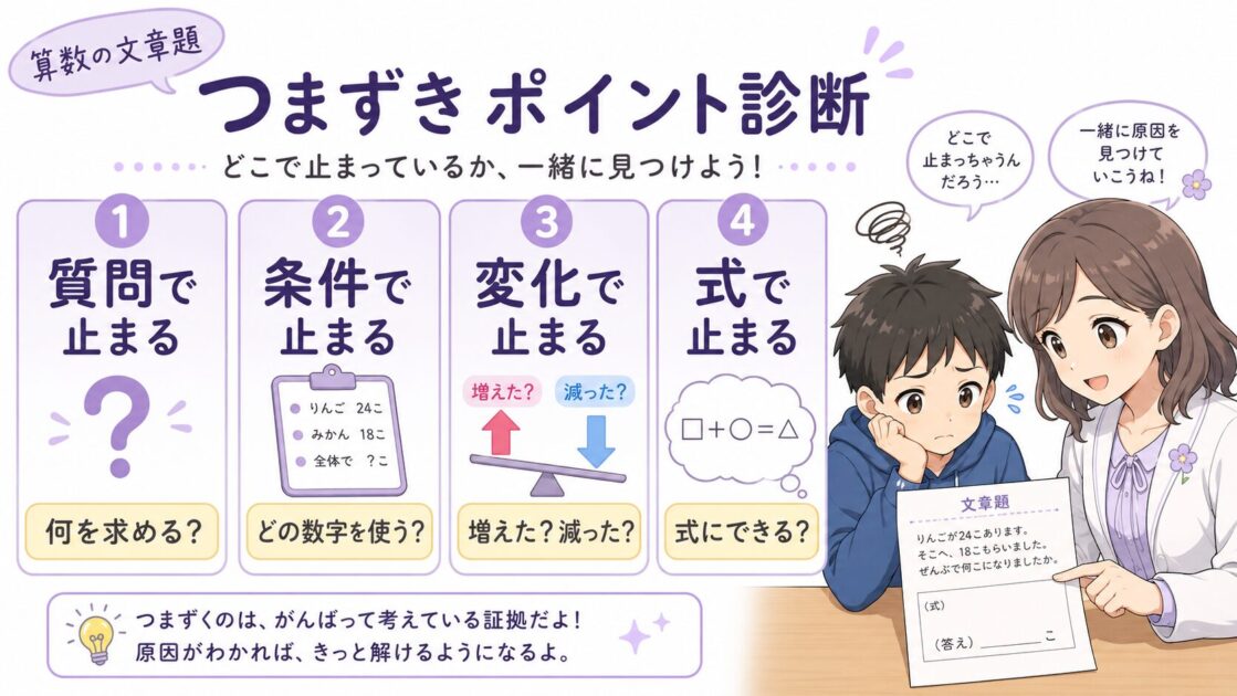 数学の文章問題で質問・条件・変化・式のどこで止まりやすいかを整理し、つまずきの原因を見つける図解