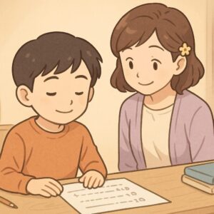 文章題を落ち着いて解くようになった子どもが、もこあい先生に見守られながら問題に向き合っている様子を描いた挿絵で、記事の締めとして成長した姿を示すためのビジュアル。 