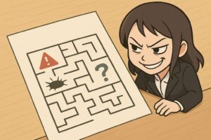 文章問題の罠を迷路に見立てたプリントを、悪もこあい先生が上から見下ろしてニヤリと微笑むイラスト。迷路には警告マーク、落とし穴、疑問符などの罠アイコンが配置され、文章題に潜む注意ポイントを視覚的に表現している。 