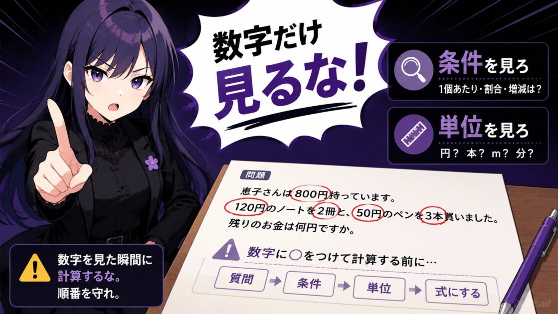 悪もこあい先生が文章問題では数字を見た瞬間に計算せず、条件と単位を確認するよう鋭く注意する挿絵