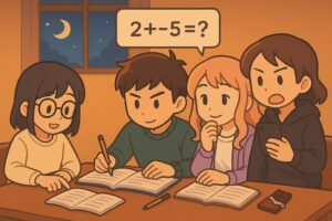 もこあい先生、健太、恵子、悪もこあい先生が夜の机で復習チェックをしているシーン