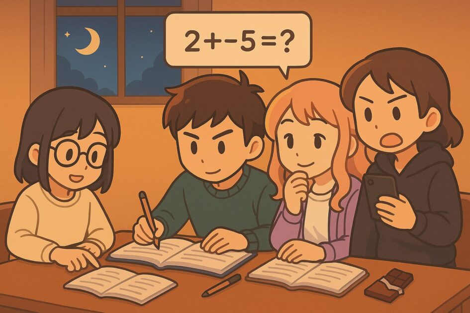 もこあい先生、健太、恵子、悪もこあい先生が夜の机で復習チェックをしているシーン