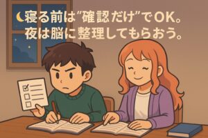 もこあい先生、健太、恵子、悪もこあい先生が夜の机で静かに復習チェックをしているシーン。