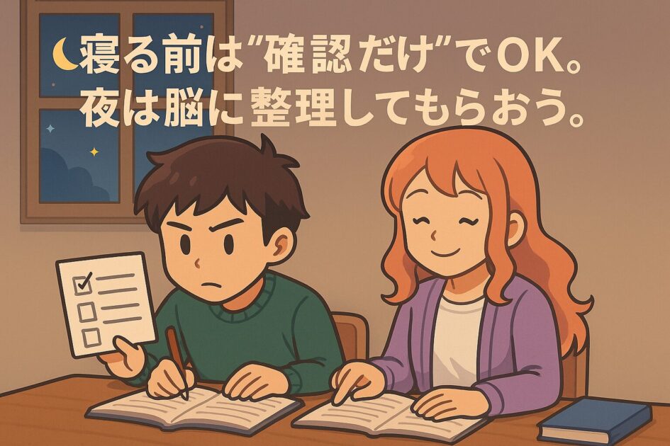 もこあい先生、健太、恵子、悪もこあい先生が夜の机で静かに復習チェックをしているシーン。