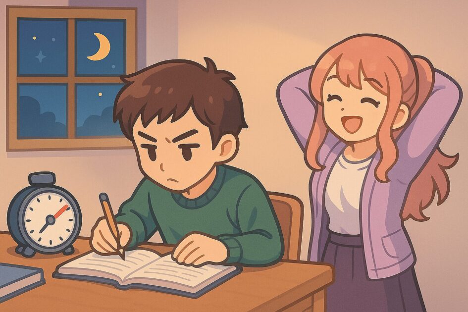 タイマーを横に置いて集中している学生。横でストレッチしているもこあい先生。