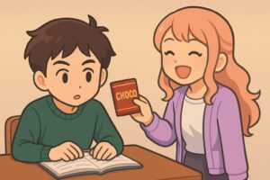 もこあい先生が勉強を頑張った学生にチョコレートをごほうびとして渡しているシーン