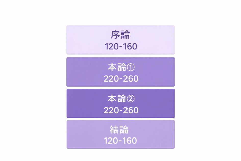 800字小論文の段落構成（序論・本論1・本論2・結論）と字数目安を示す配分図