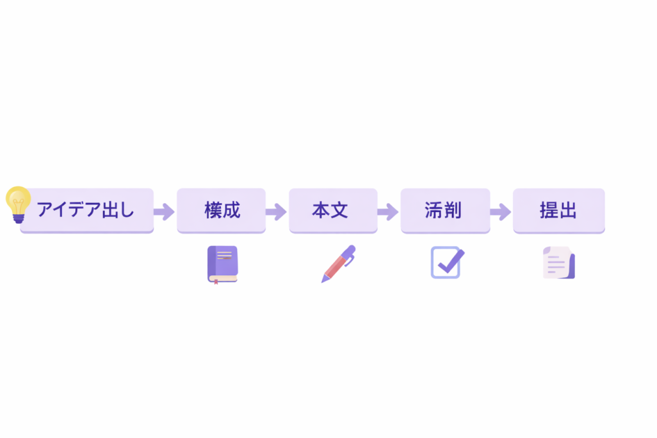 小論文の練習手順を示すフロー図（アイデア出し→構成→本文→添削→提出）