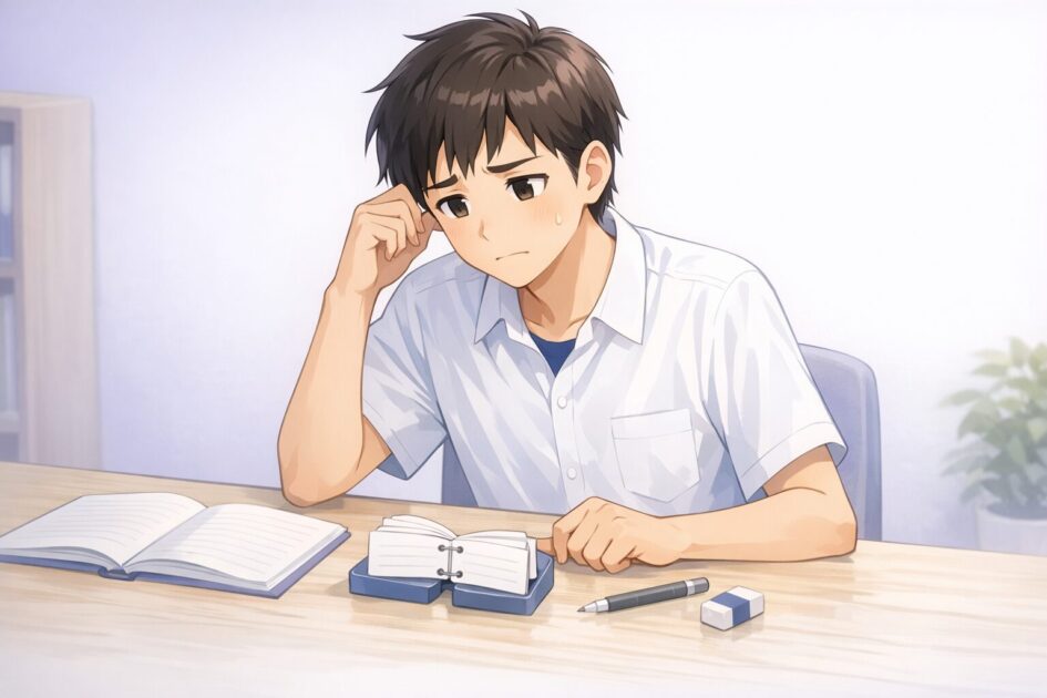 英単語帳を見たのに次の日に思い出せず困っている高校生の様子で、暗記が量より回し方で変わることを伝える挿絵