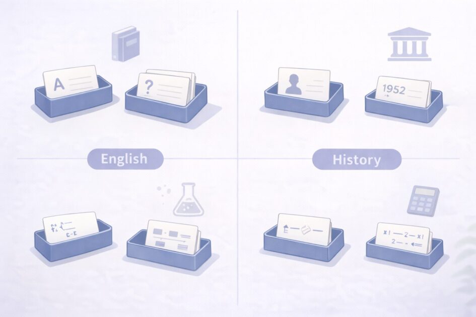 英単語・歴史・理科・数学の暗記カードの例を並べて示した図で、科目ごとのカード化の違いを理解しやすくする挿絵