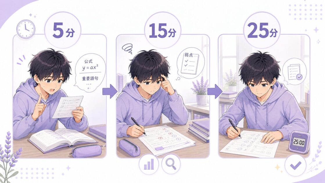 テスト前の残り時間に応じて5分・15分・25分の暗記確認を分けたフロー図