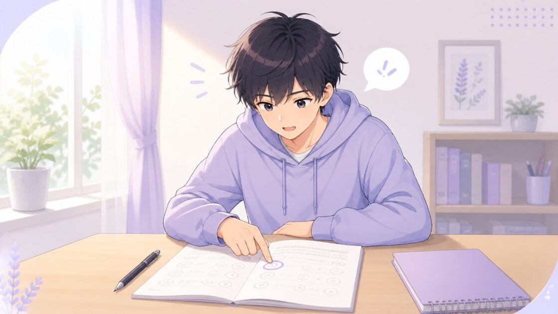 テスト範囲の中から1問だけを声に出して確認する最小行動を示した勉強場面