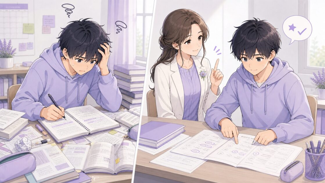 テスト前日にやりがちな非効率な暗記行動と、より良いやり方を左右で比較した図