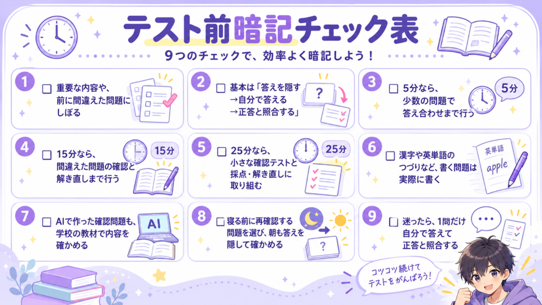 テスト前の暗記で確認したい9つのポイントをまとめたチェック表