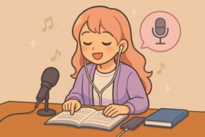 もこあい先生が音読を録音しながらイヤホンで聴いているシーン