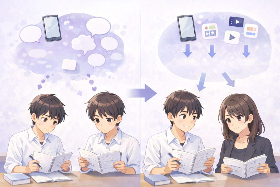 スマートフォンを題材にした小論文の弱い例と改善後の例を見比べる図で、問いへの答え方の違いを理解しやすくする挿絵