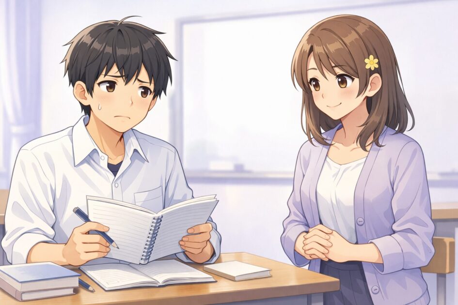 小論文を作文と同じようなものだと勘違いして戸惑う健太の場面で、小論文の最初のズレを理解しやすくする挿絵