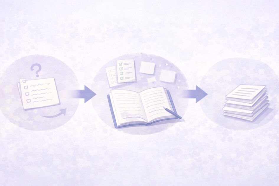 小論文の序論・本論・結論の流れを順番で示す図で、構成の基本を理解しやすくする挿絵