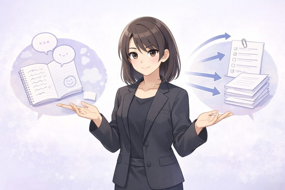 作文と小論文の違いを冷静に整理して示す悪もこあい先生の場面で、両者の違いを見分けやすくする挿絵