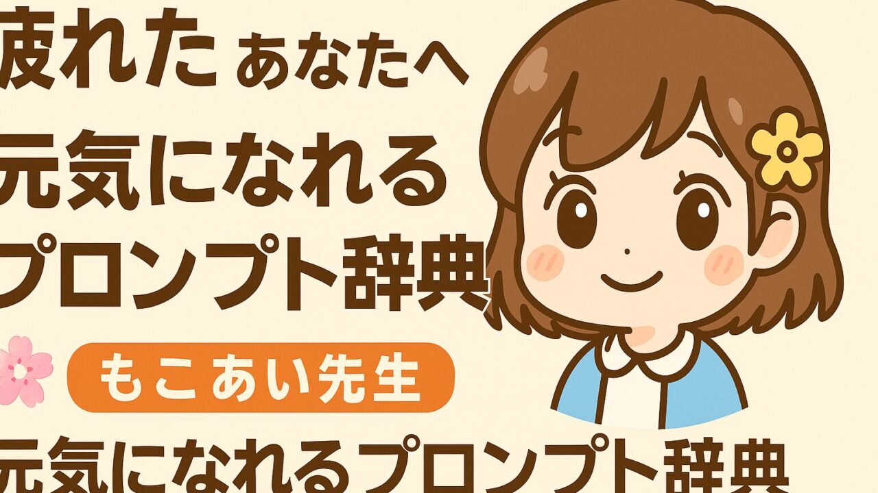 もこあい先生が笑顔で応援するイラスト。記事「疲れた人を癒す元気プロンプト辞典」のアイキャッチ画像。