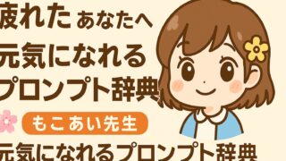 もこあい先生が笑顔で応援するイラスト。記事「疲れた人を癒す元気プロンプト辞典」のアイキャッチ画像。