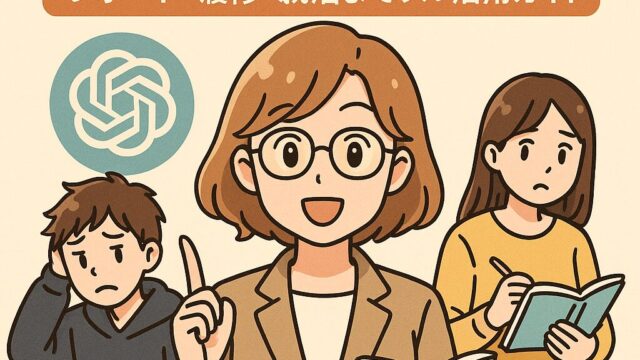 「大学のキャンパスを背景に、AIと共に学ぶもこあい先生と大学生風の健太と恵子のイラスト