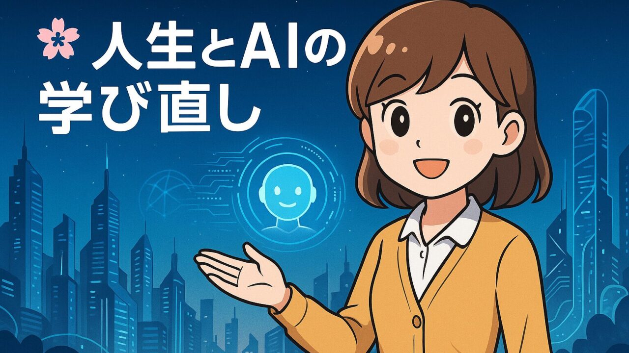 もこあい先生が黒板の前で人生とAI学び直しを解説しているイラスト
