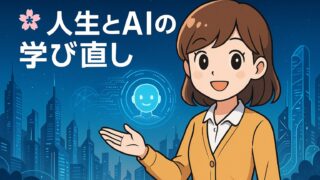 もこあい先生が黒板の前で人生とAI学び直しを解説しているイラスト
