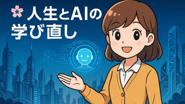 もこあい先生が黒板の前で人生とAI学び直しを解説しているイラスト