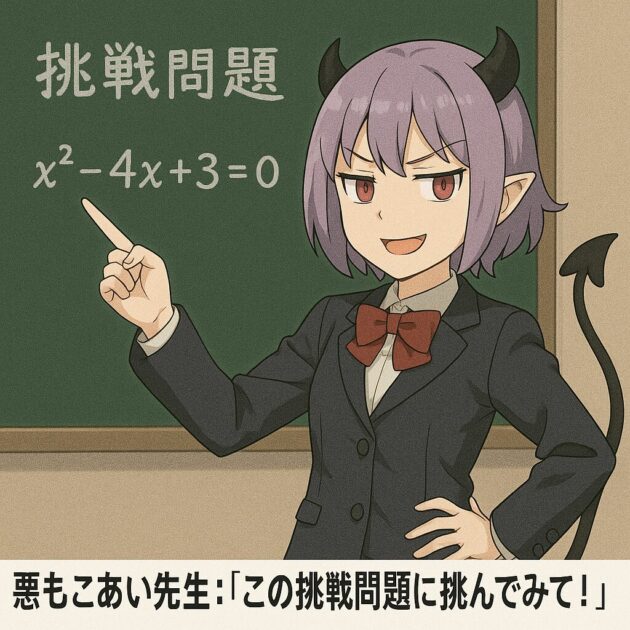 黒板の前で二次方程式の挑戦問題を示しながら、やや挑発的な笑みで生徒に解かせようとする悪もこあい先生のイラスト。x²−4x+3=0 の問題が黒板に書かれた高校数学の練習シーン。