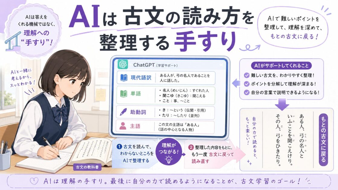 ChatGPTを使って古文の意味、単語、文法を整理し、最後に原文へ戻る高校生