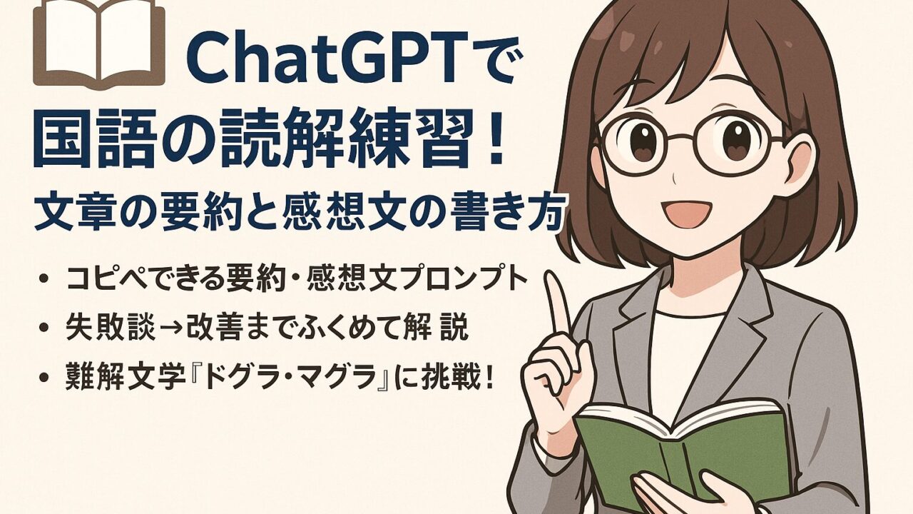 もこあい先生が国語の要約と感想文の書き方を教える教室のイラスト