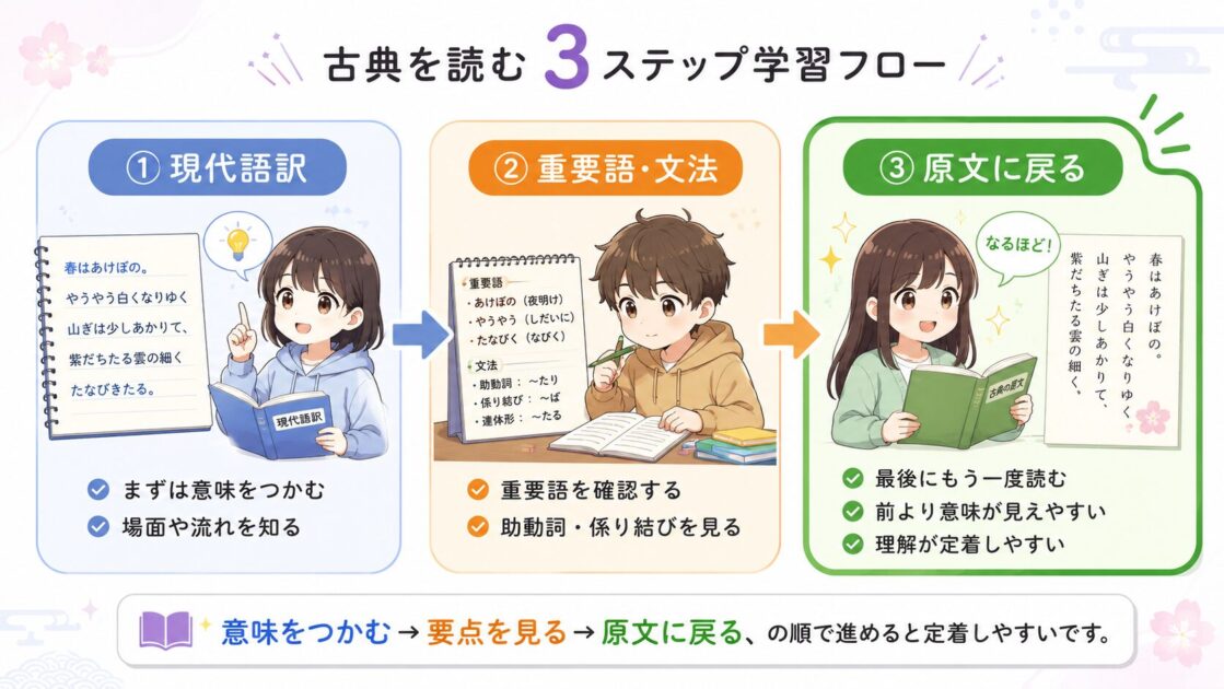 ChatGPTで古典を現代語訳し、重要語や文法を確認してから原文に戻る3ステップ学習フロー