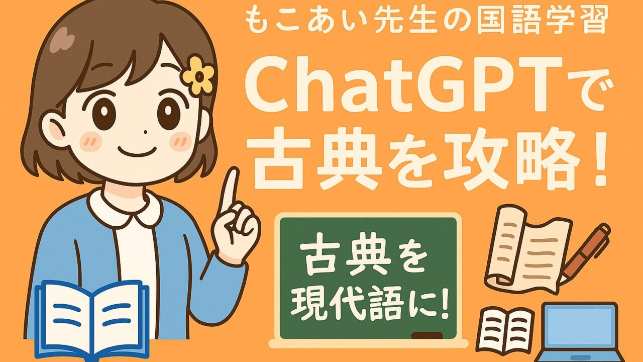 ChatGPTで古典を攻略！難しい古典文を現代語に翻訳して理解する方法を解説する、もこあい先生の国語学習イラスト