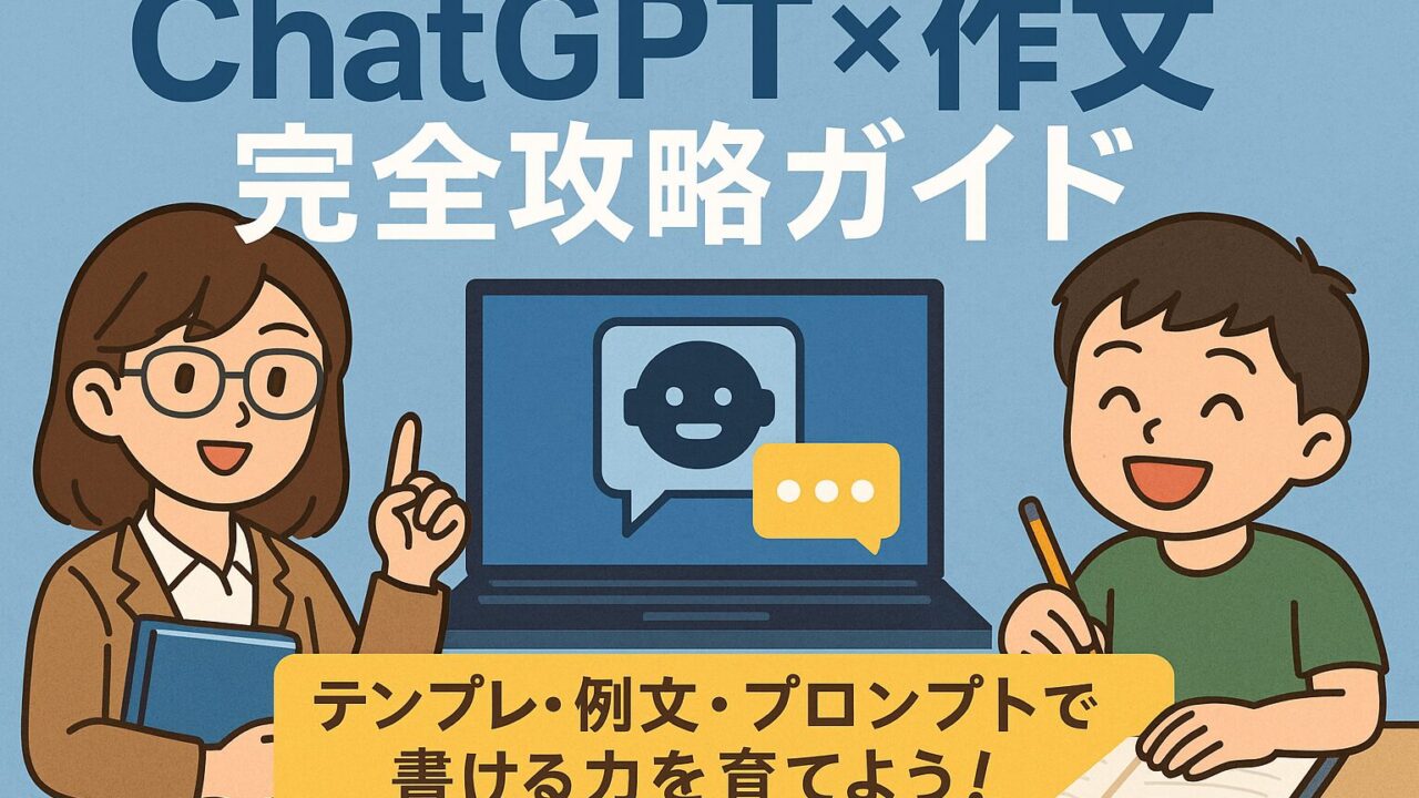 ChatGPTと作文を学ぶもこあい先生と健太のイラストアイキャッチ