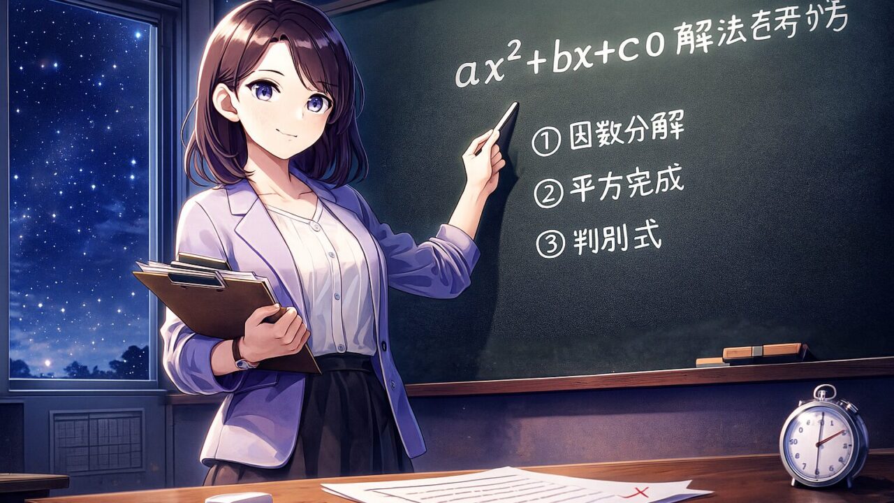 星空の見える教室で、黒板の前に立つもこあい先生が、二次方程式 ax²+bx+c=0 の解法を指し示しながら授業するシーン。試験用紙とストップウォッチが置かれ、学習記事の導入を助けるアイキャッチイラスト。
