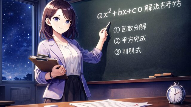 星空の見える教室で、黒板の前に立つもこあい先生が、二次方程式 ax²+bx+c=0 の解法を指し示しながら授業するシーン。試験用紙とストップウォッチが置かれ、学習記事の導入を助けるアイキャッチイラスト。