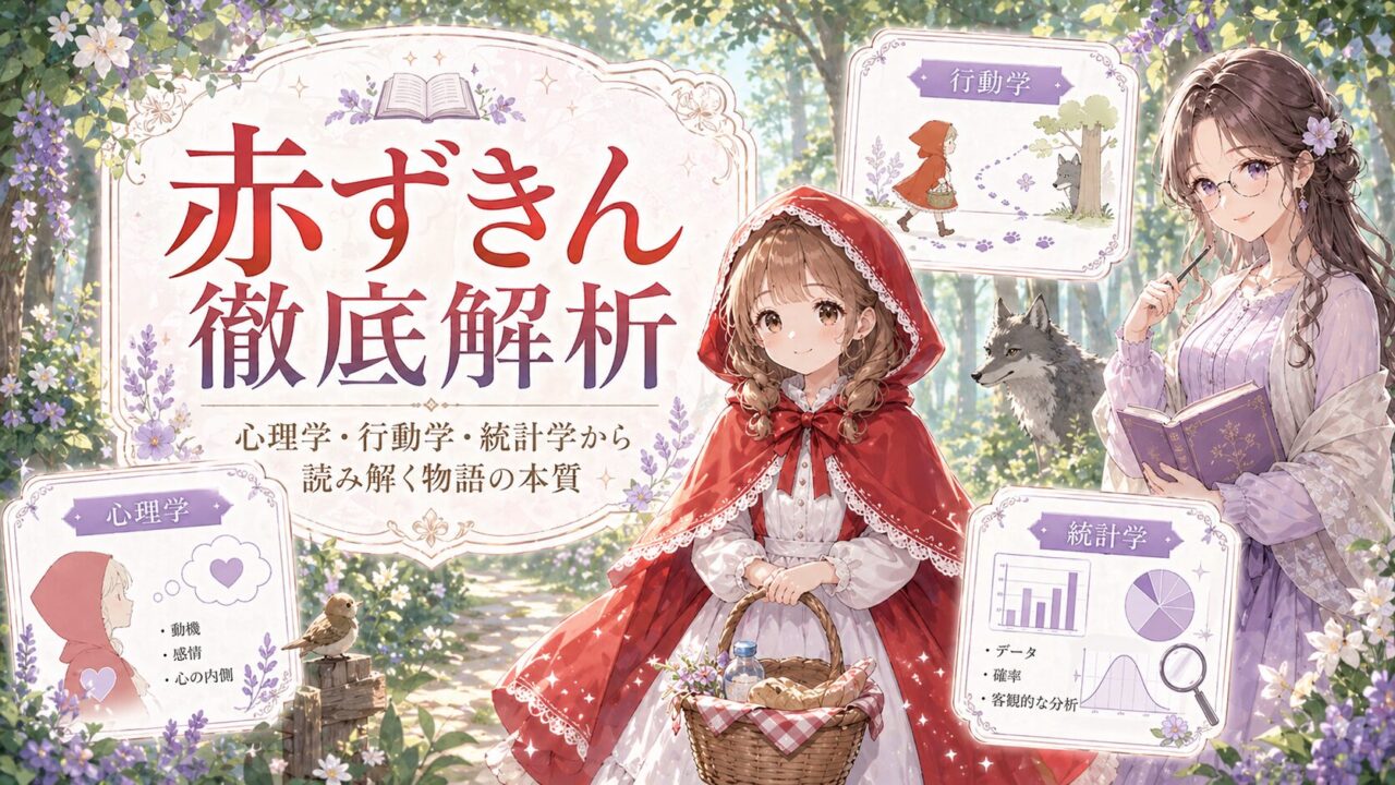 赤ずきんの物語を心理学・行動学・統計学の視点から多面的に読み解くことを示したアイキャッチ