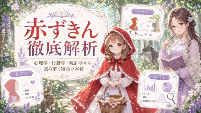 赤ずきんの物語を心理学・行動学・統計学の視点から多面的に読み解くことを示したアイキャッチ