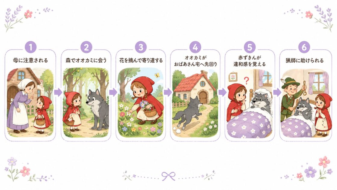 赤ずきんの物語の流れを、母の注意から森での出会い、おばあさんの家での違和感まで整理した図