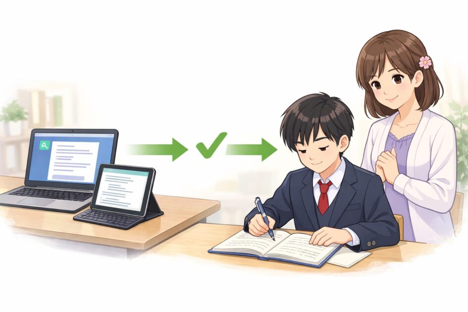 AIは英作文の下書きと確認に使い最後は自分で仕上げる安全な使い方を示した挿絵